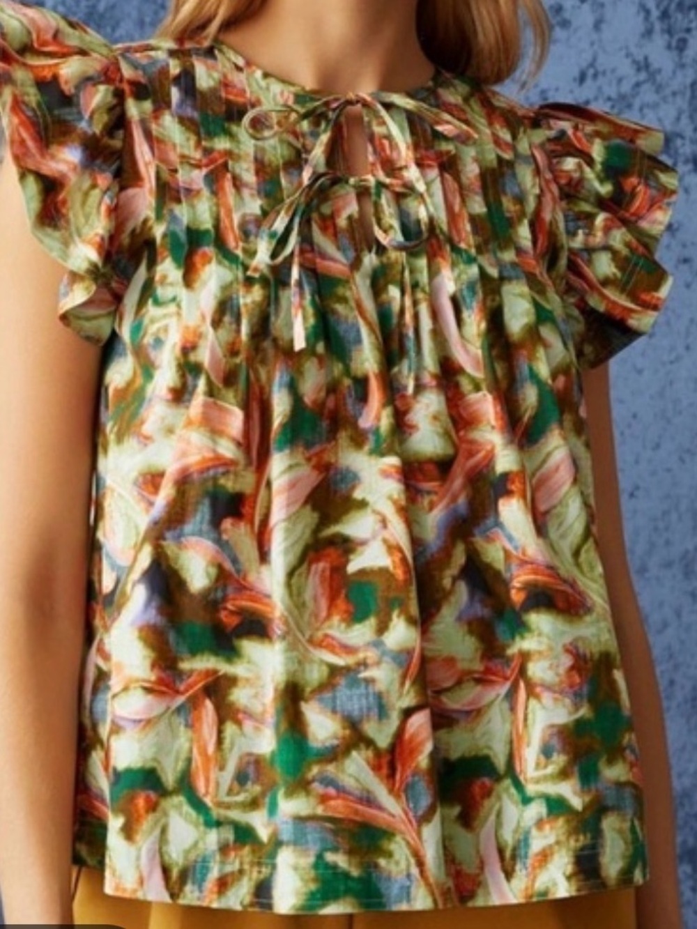 Marie Oliver Quinn Watercolor Floral Ruffle Tie-Neck Blouse - Green, Pink, Brown